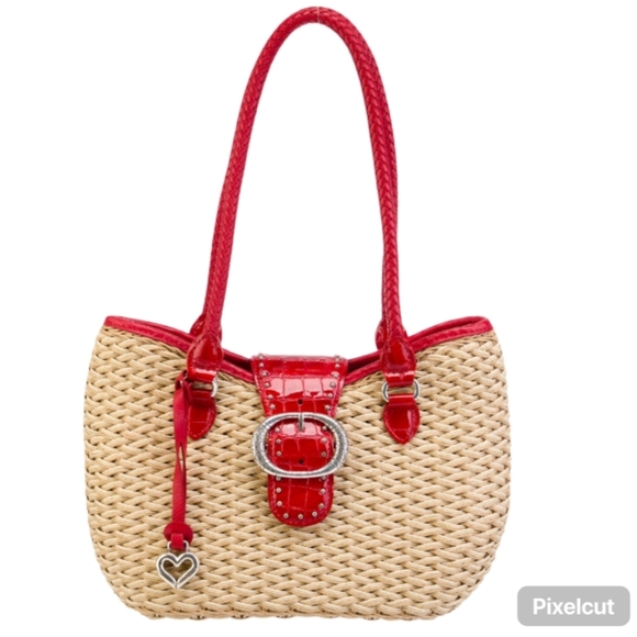 Brighton Handbags - Vintage Brighton Straw Shoulder Bag 2000s Red Patent Leather Silver Hardware